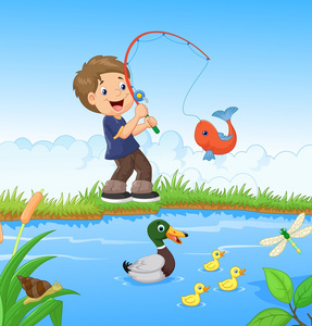 小男孩卡通釣魚(yú)