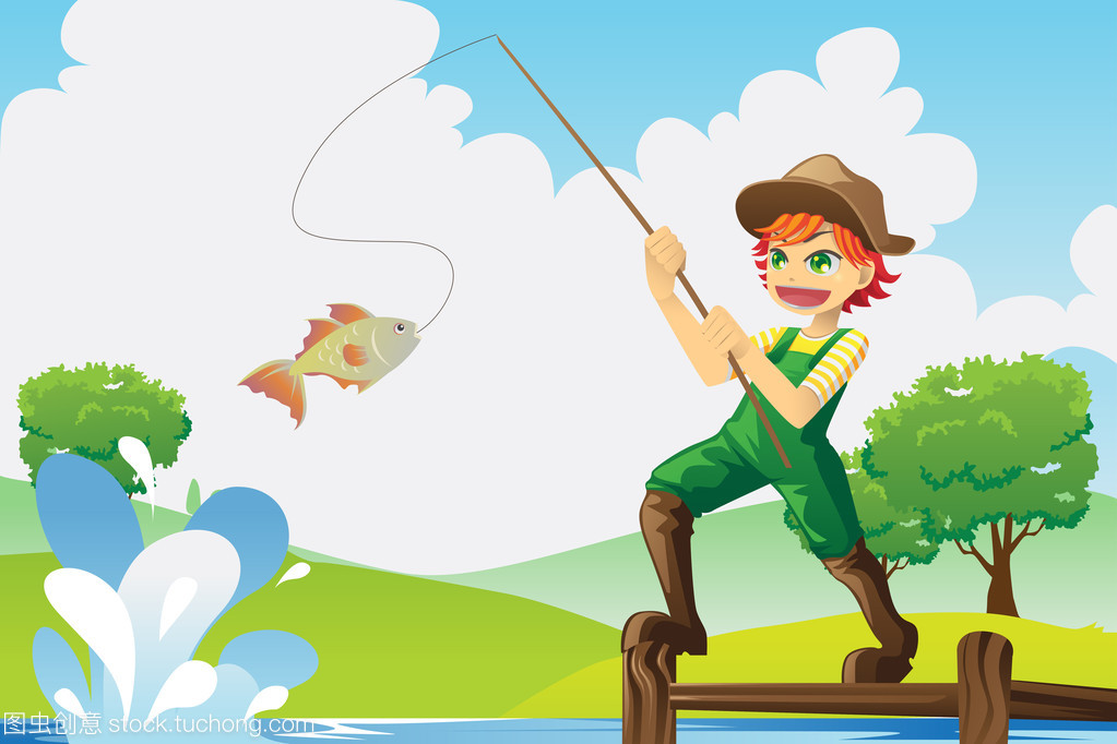 男孩去釣魚