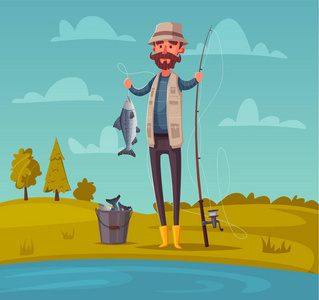 釣魚竿漁夫。卡通矢量插畫
