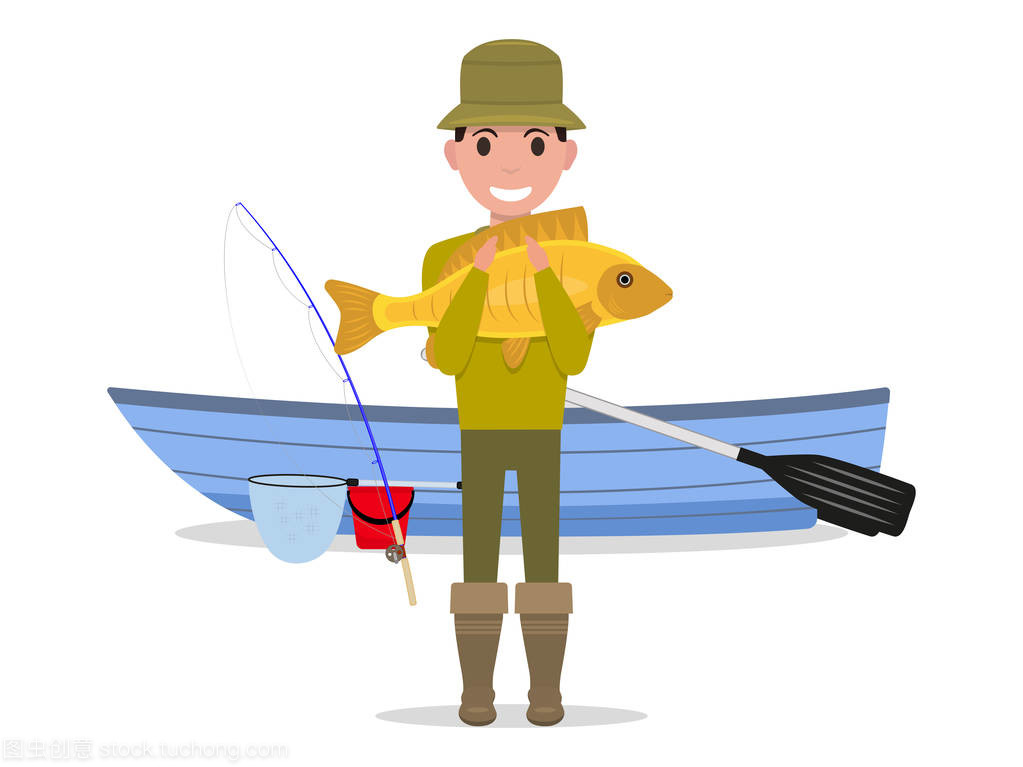 矢量卡通人漁民拿著大魚