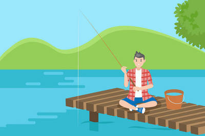 魚在底部看蠕蟲餌鉤。漁水海湖概念。矢量平面卡通插畫