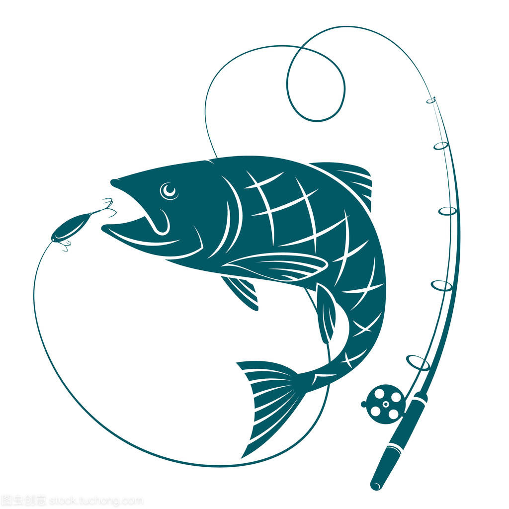 魚和釣魚桿。捕魚的剪影