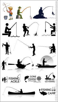 矢量卡通釣魚黑白人物剪影插畫圖片